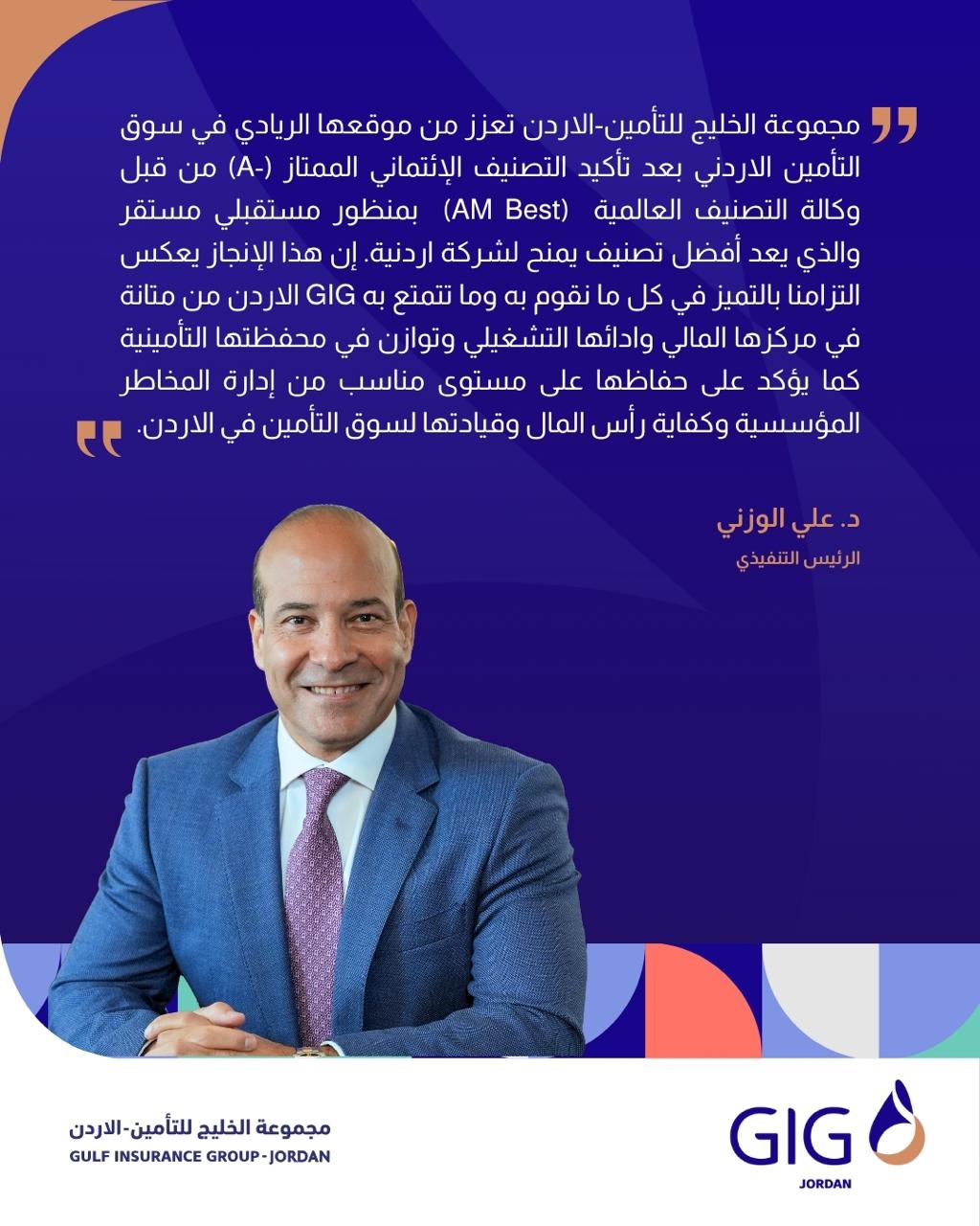 A Best تؤكد تصنيف مجموعة الخليج للتأمين - الأردن عند -A (ممتاز) بمنظور مستقبلي مستقر مجموعة الخليج للتأمين - الاردن